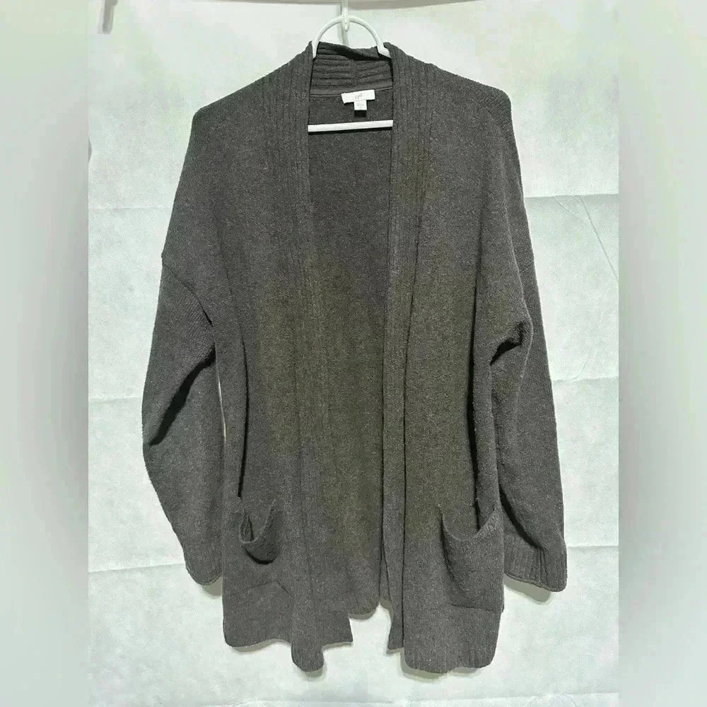 J Jill Women’s Large Brown Cardigan Sweater Open Front Pockets Cotton Blend